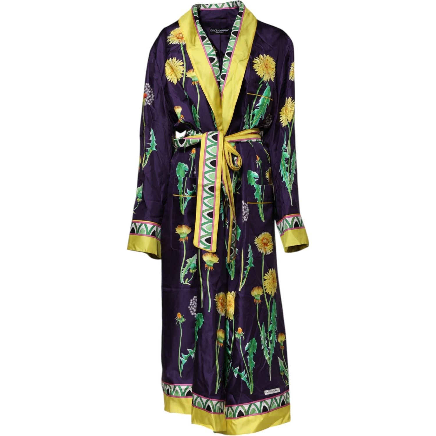 Dolce & Gabbana Blue Floral Print Silk Long Sleeves Wrap Robe