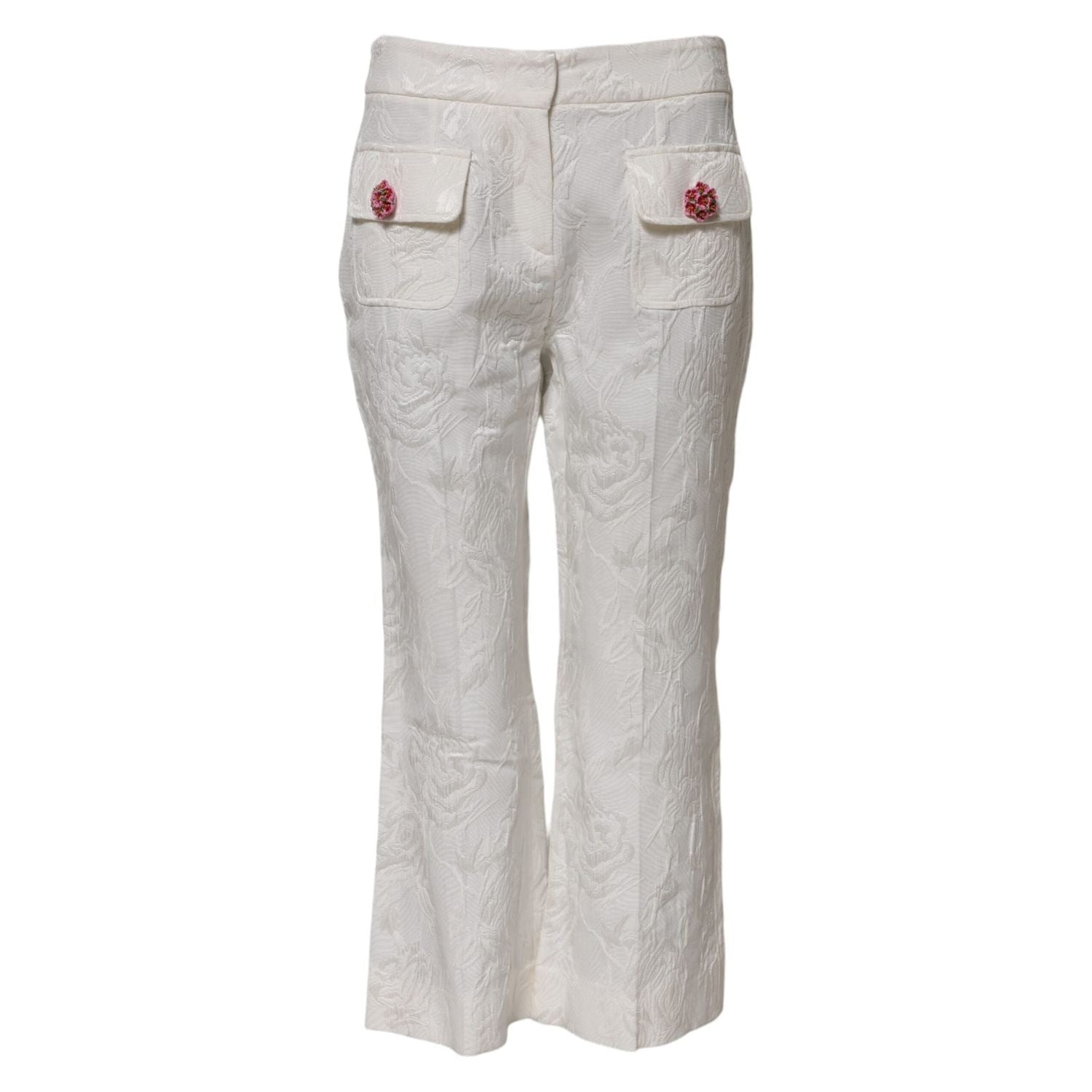 Dolce & Gabbana White Cotton Floral Jacquard Pants