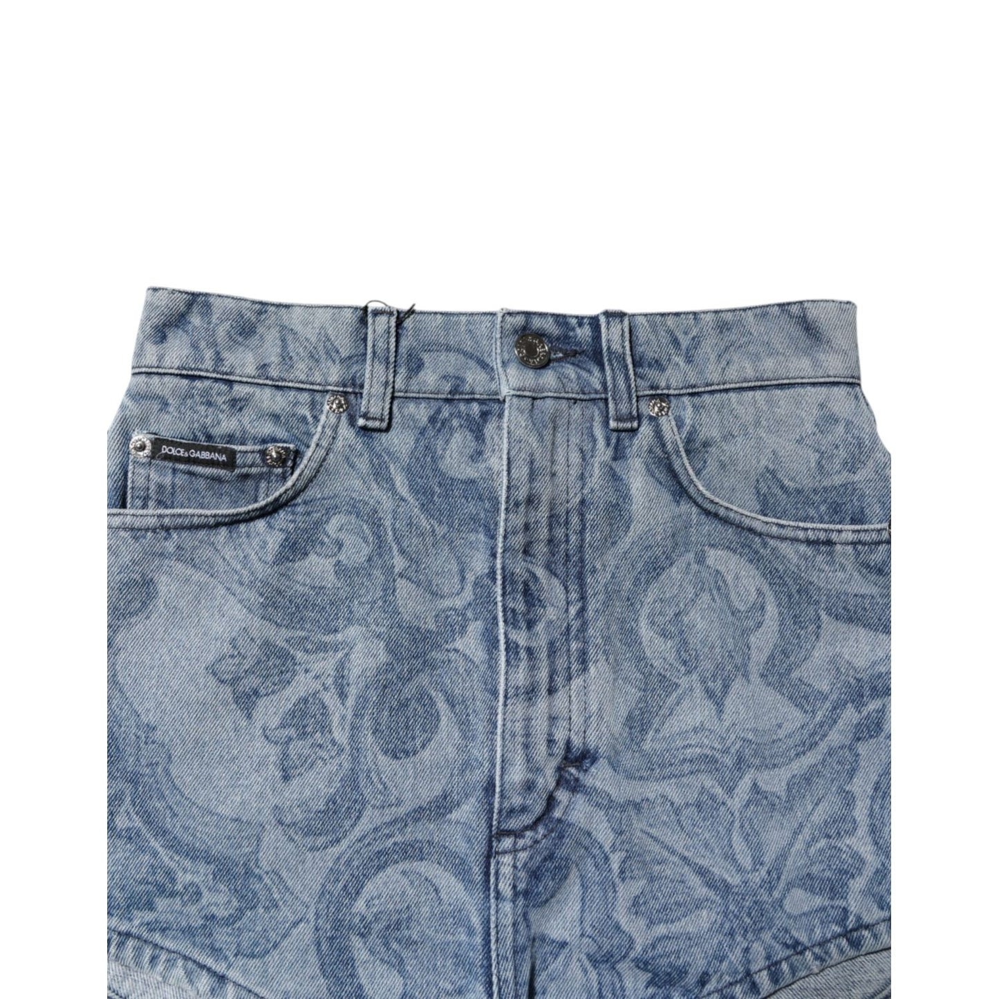 Dolce & Gabbana Blue Floral Print Denim Cotton Hot Pants Shorts