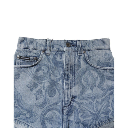 Dolce & Gabbana Blue Floral Print Denim Cotton Hot Pants Shorts