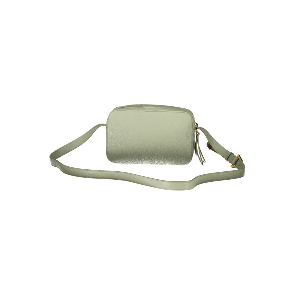 Coccinelle Green Leather Handbag with adjustable shoulder strap, two compartments, and zip closure featuring logo design.