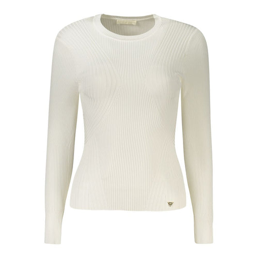 Guess Jeans White Viscose Sweater with long sleeves, crew neck, and logo application.