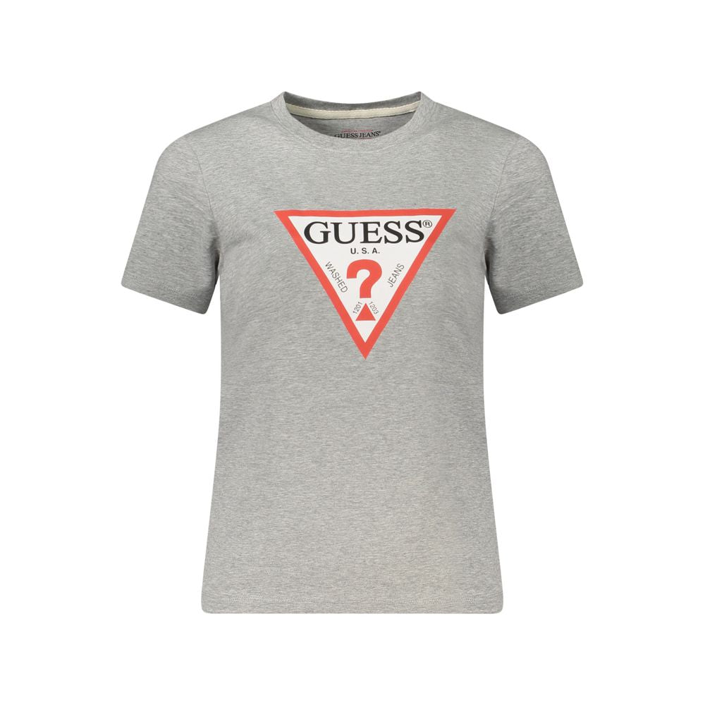 Guess Jeans Gray Cotton Women T-Shirt with bold logo, short sleeves, and crew neck, perfect blend of style and comfort.