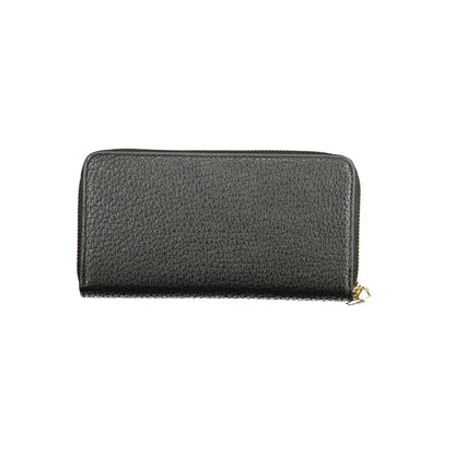 Mario Valentino Black Polyethylene Wallet with 6 compartments, coin purse, double card spaces, zip closure, and logo on display.