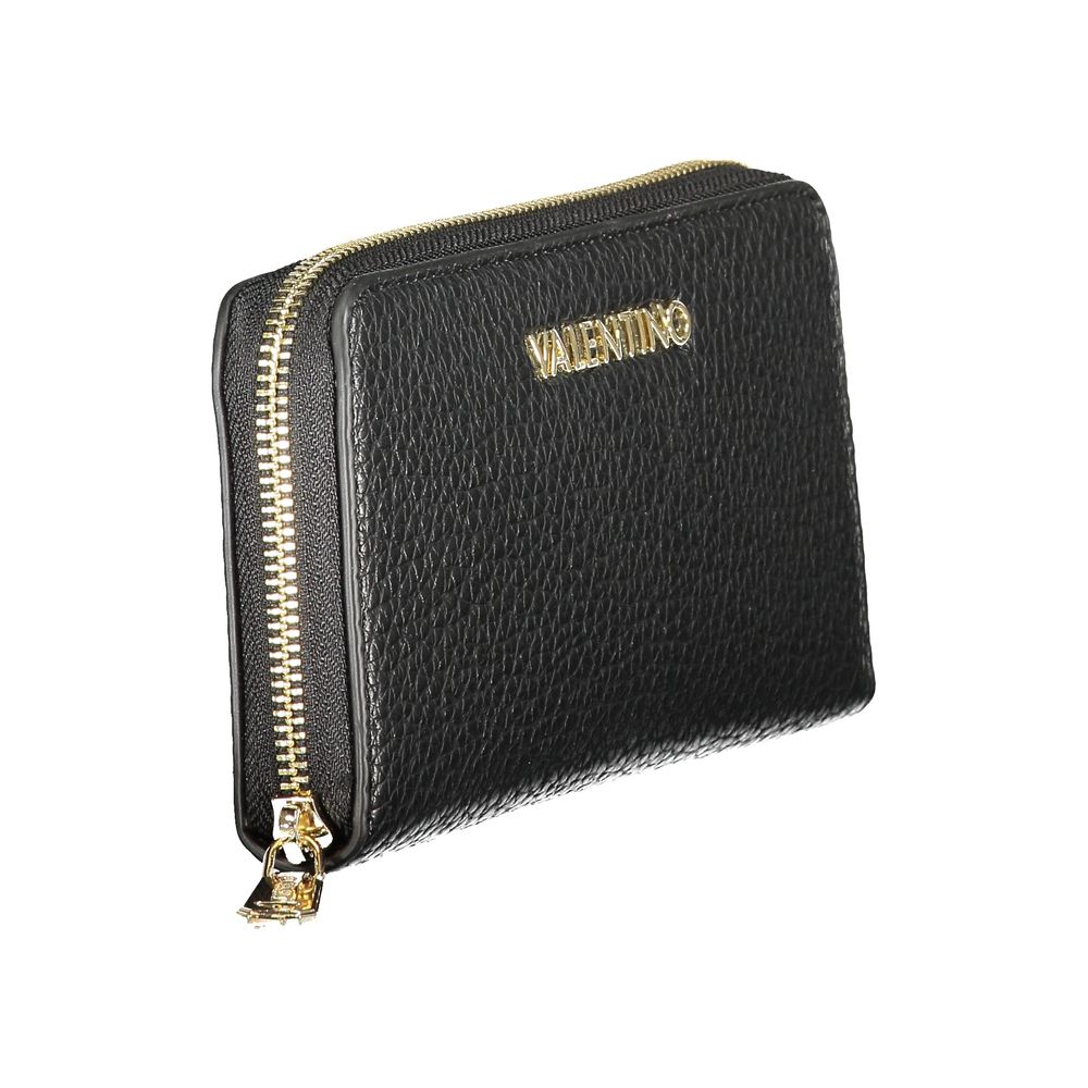 Alt Tag: Mario Valentino Black Polyethylene Wallet with zip closure, 6 compartments, and logo
