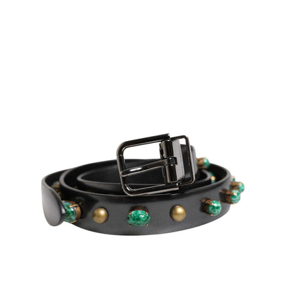 Dolce & Gabbana Black Leather Studded Silver Tone Buckle Belt