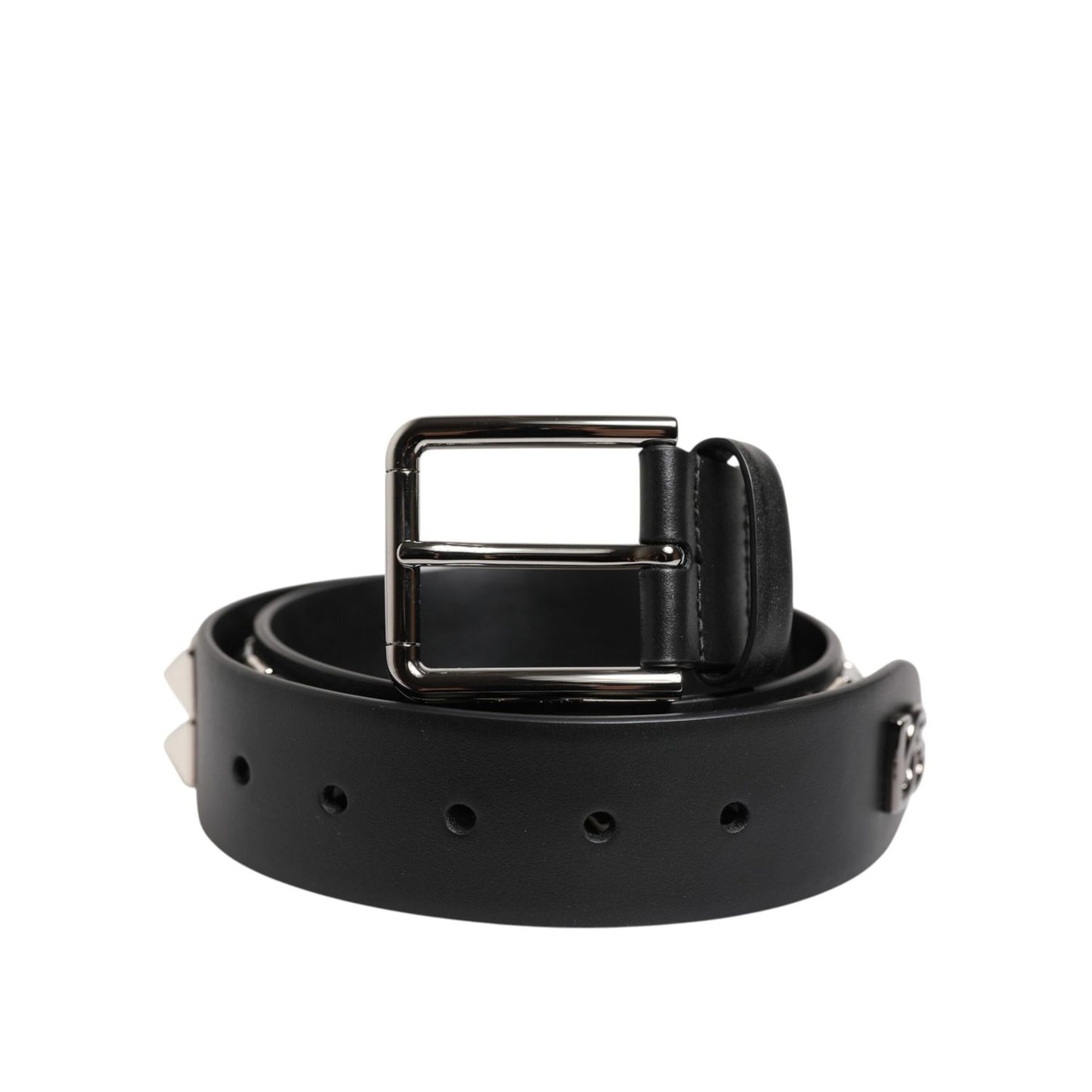 Dolce & Gabbana Black Leather Studded DG Metal Buckle Belt
