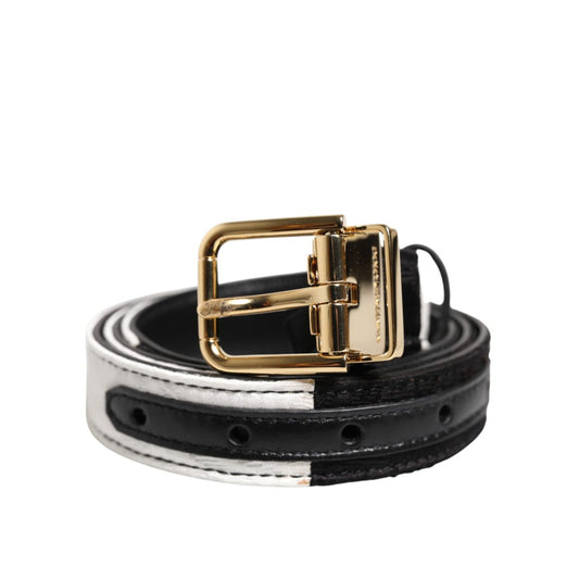 Dolce & Gabbana Black White Patchwork Gold Metal Buckle Belt