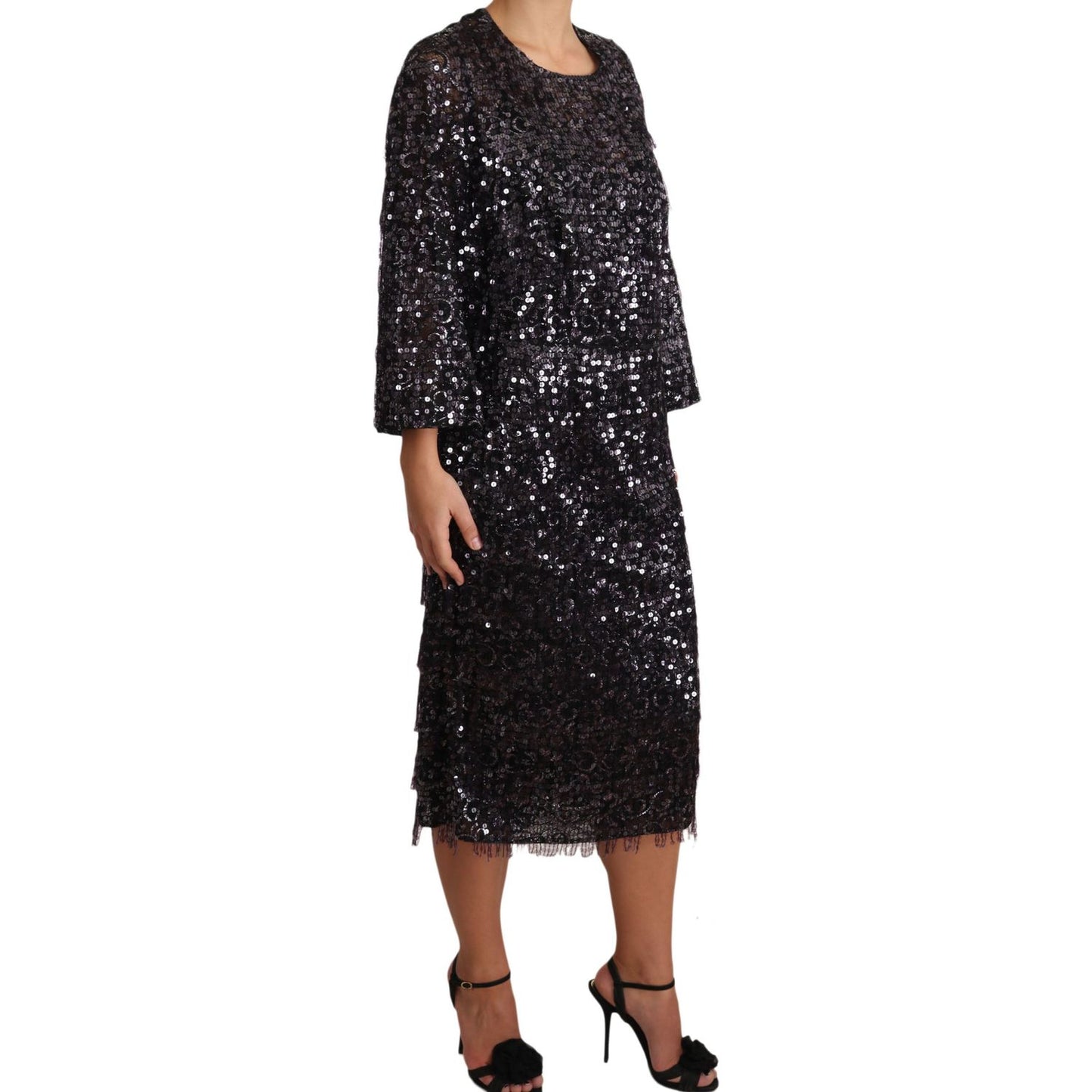 Dolce & Gabbana Black Sequined Long Sleeve Shift Midi Dress Dolce & Gabbana