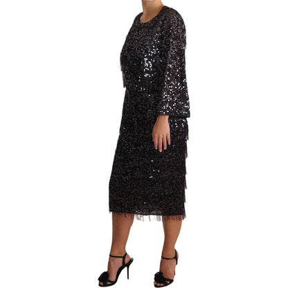 Dolce & Gabbana Black Sequined Long Sleeve Shift Midi Dress Dolce & Gabbana