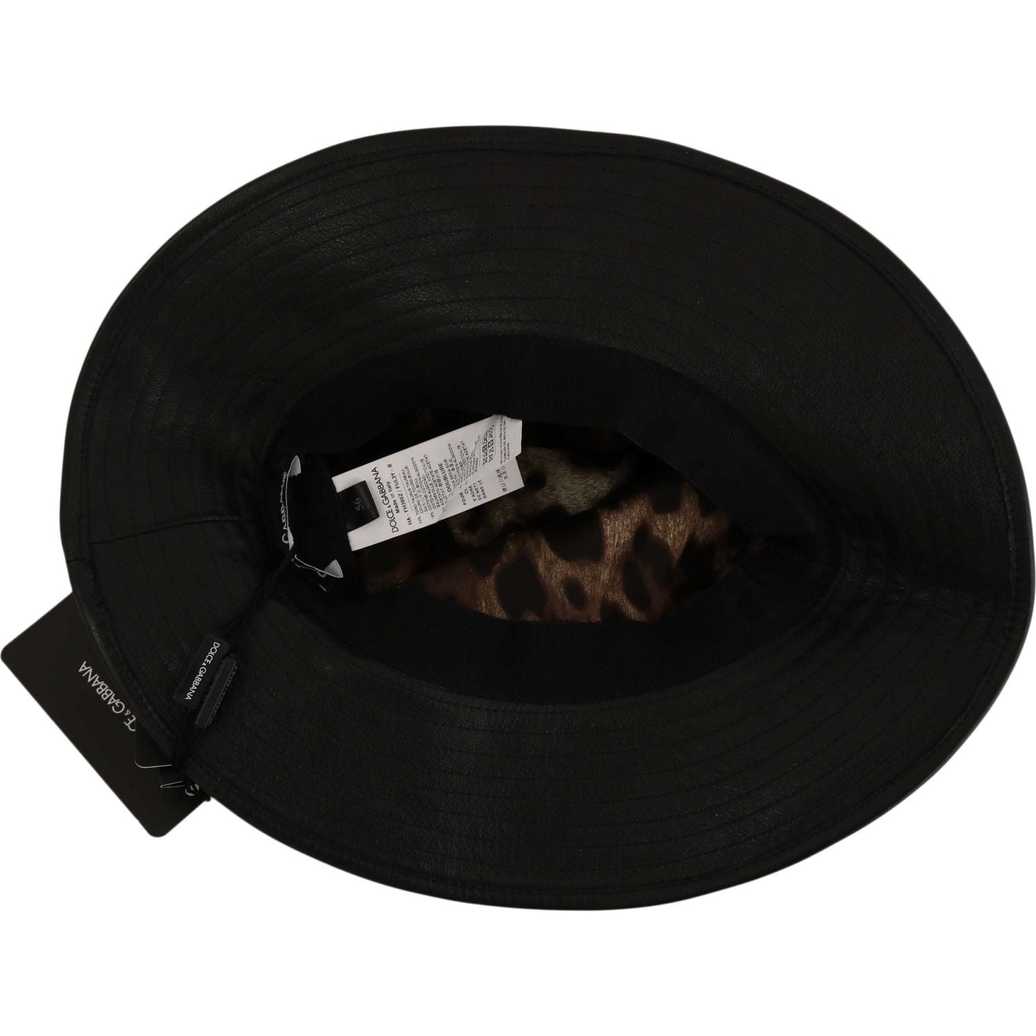 Dolce & Gabbana Black Leather DG Coin Crystal Wide Brim Hat