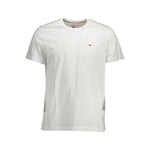 Tommy Hilfiger white cotton t-shirt with short sleeves, crew neck, embroidered logo, made from 100% organic cotton.