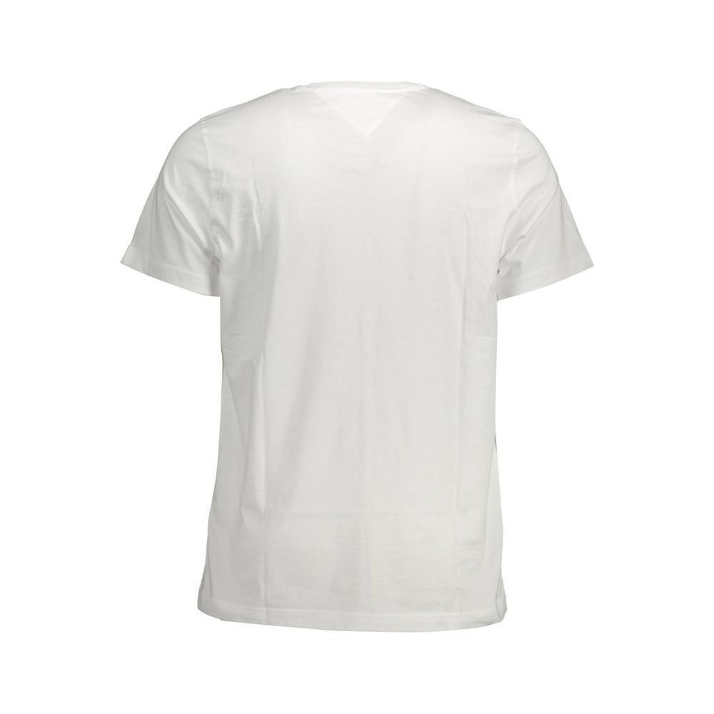 Back view of Tommy Hilfiger white cotton t-shirt, short sleeve, crew neck, featuring logo embroidery, made from 100% organic cotton.