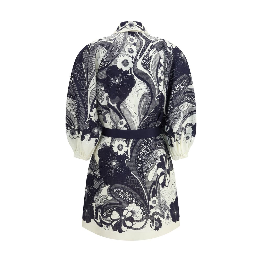 Back view of Alemais Multicolor Linen Casual Dress with puff sleeves and graphic print.