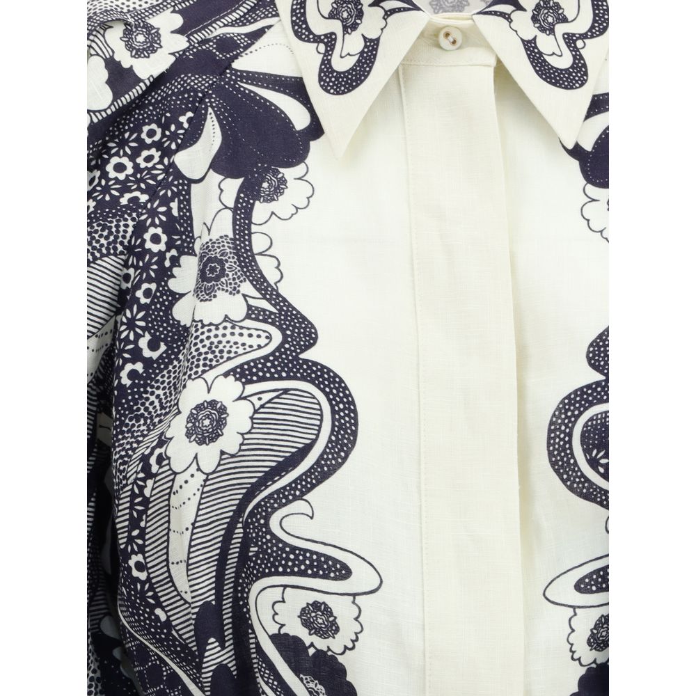 Close-up of Alemais Multicolor Linen Casual Dress with graphic print and button closure detailing.