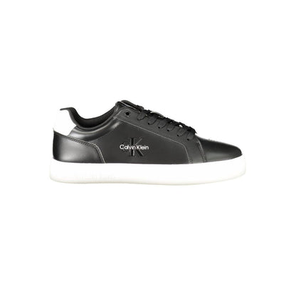 Calvin Klein Black Leather Men Sneaker with white sole, sleek design, and bold logo for stylish comfort.
