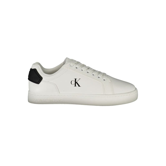 Calvin Klein White Leather Men Sneaker with black details, showcasing stylish design and comfort.