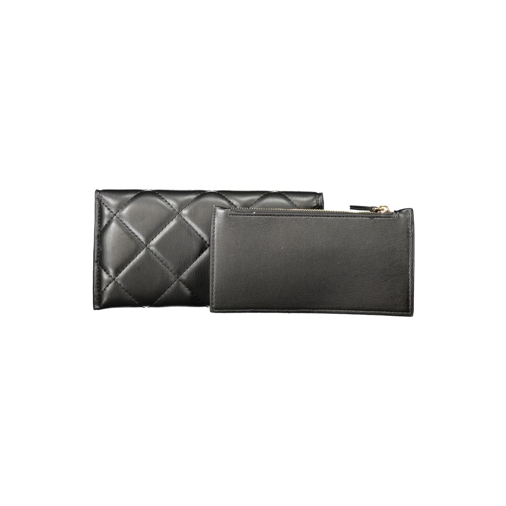 Mario Valentino Black Polyethylene Women Wallet front and back view showcasing quilted design with zipper compartment.