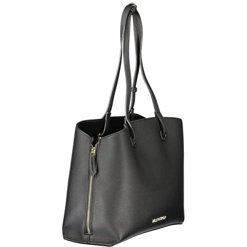 Mario Valentino Black Polyethylene Women Handbag with expandable zip and iconic logo, showcasing durability and elegance.