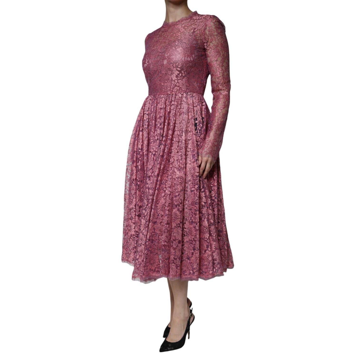 Dolce & Gabbana Pink Floral Lace Long Sleeve Midi Dress