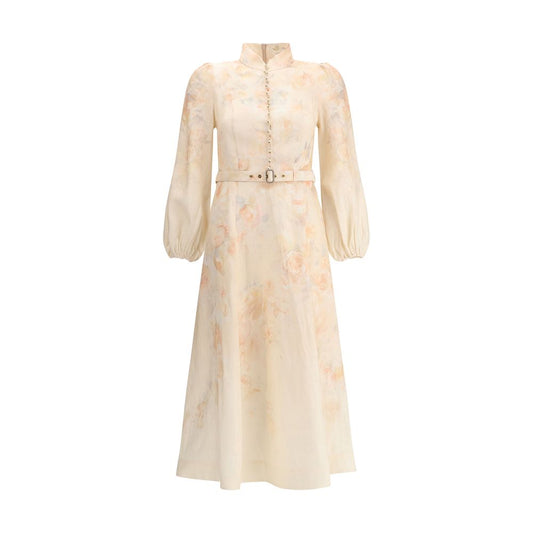 Zimmermann Multicolor Linen Casual Dress with floral design, pearl buttons, and adjustable belt for an elegant and feminine look.