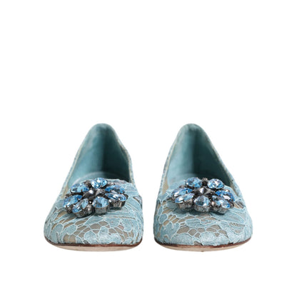 Dolce & Gabbana Blue Lace Crystal Ballet Flats Loafers Shoes