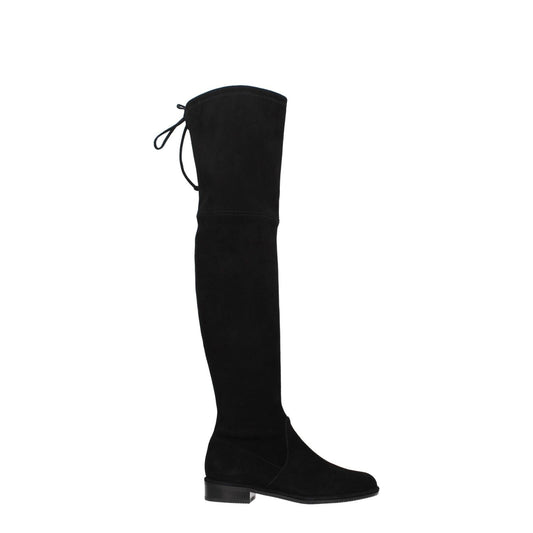 Stuart Weitzman Black Leather Over The Knee boots, casual suede design with self-tie closure, round toe, low flat heel, black color.