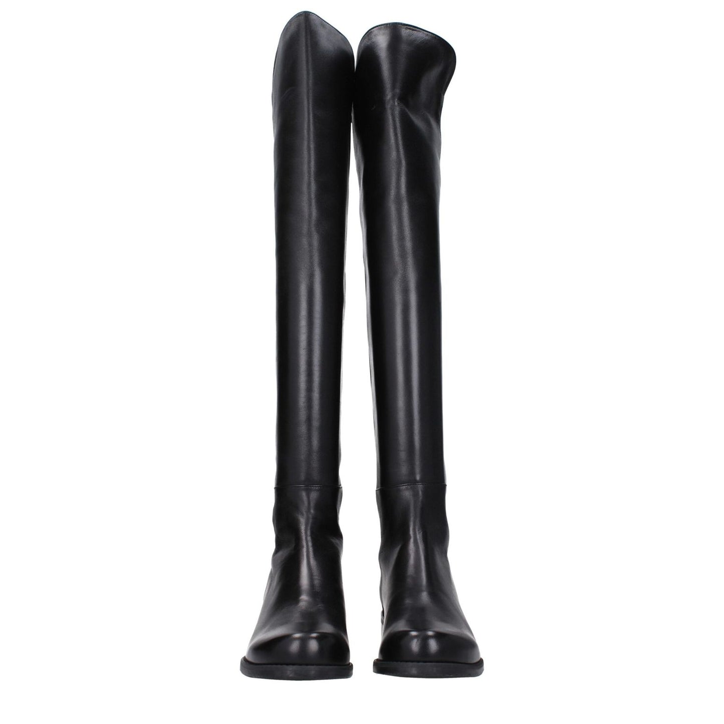 Stuart Weitzman Black Leather Over The Knee boots with round toe and low flat heel, crafted from vintage-effect leather.