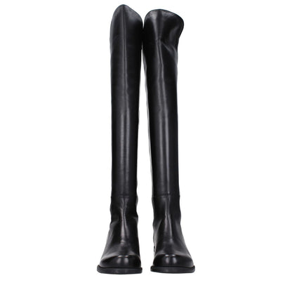 Stuart Weitzman Black Leather Over The Knee boots with round toe and low flat heel, crafted from vintage-effect leather.