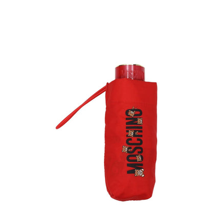 Alt Tag: Moschino Red Polyester Umbrella with front logo, snap closure, and bright red color for casual style.