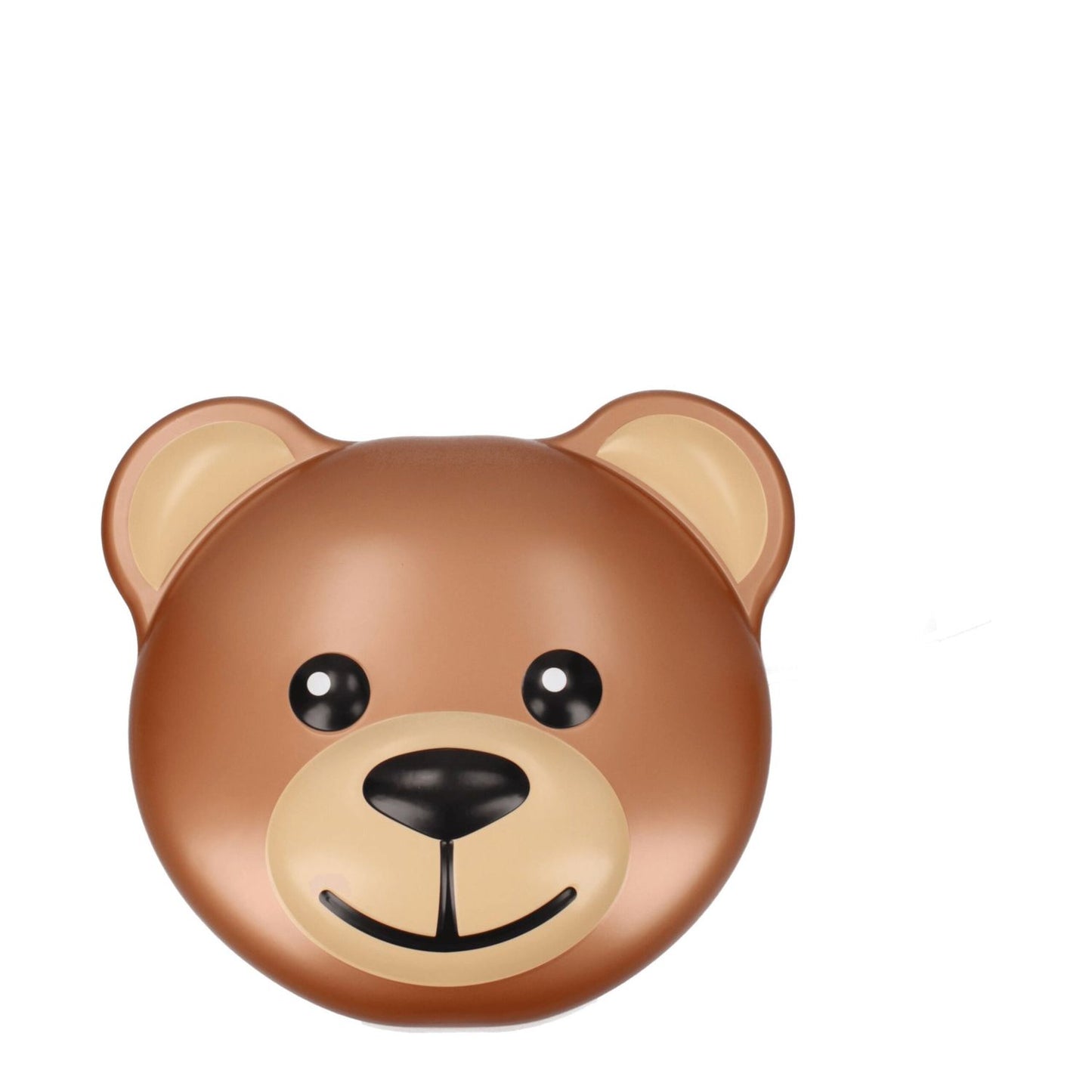 Cute brown cartoon bear face with a smiling expression, featuring large black eyes and a prominent nose, on a white background.
