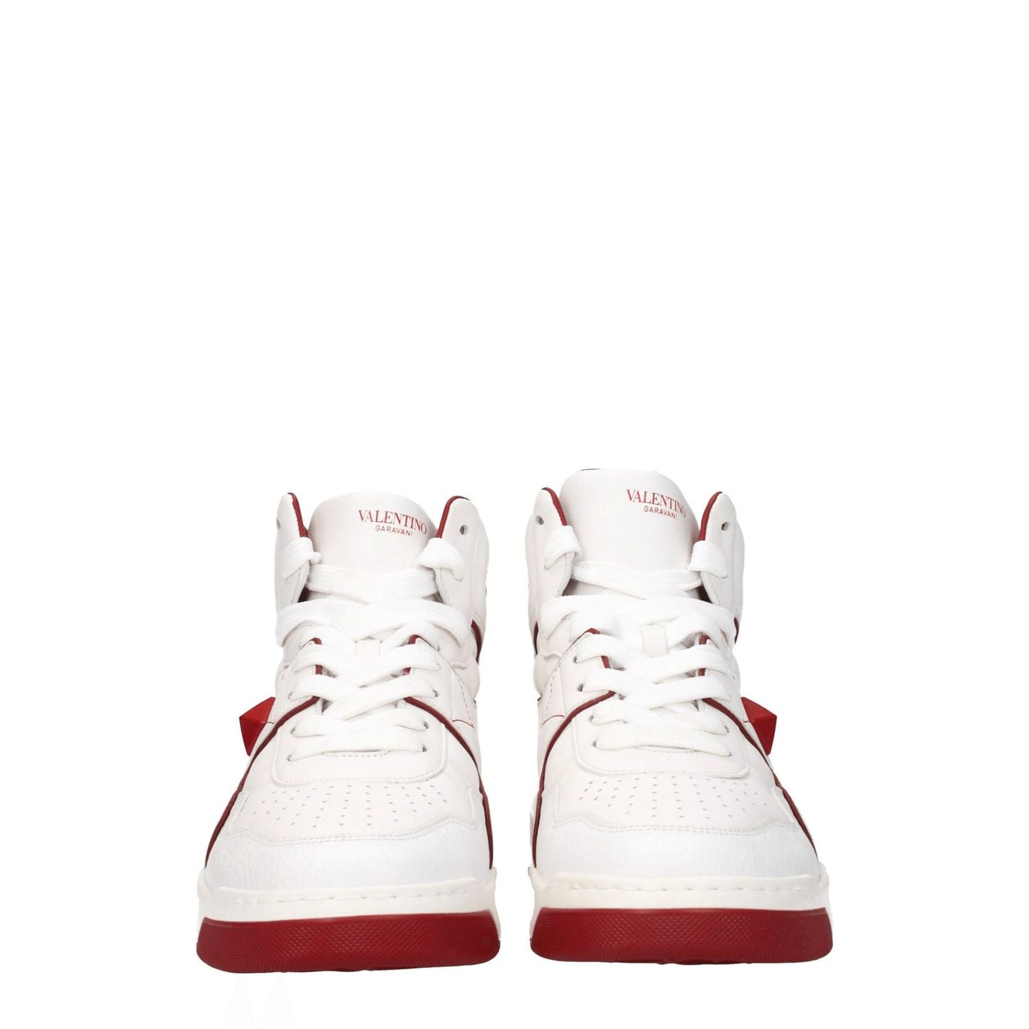 Valentino Garavani White Leather High Top Sneakers with red accents, featuring studs, front and side logos, lace-up design, and rubber sole.