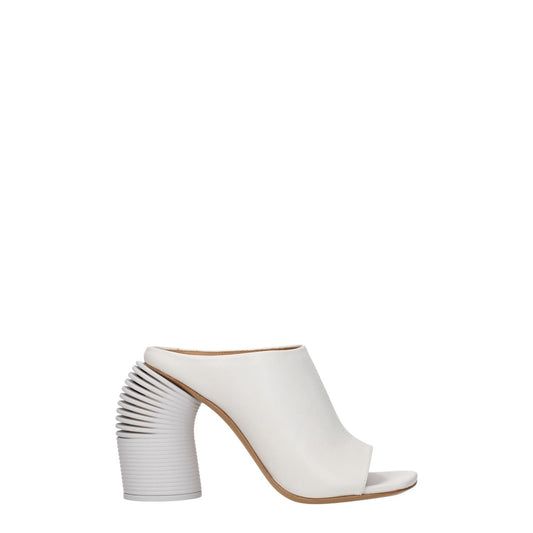 Off-White White Leather Platform Sandals with high heel, open toe, and unique ribbed heel design.