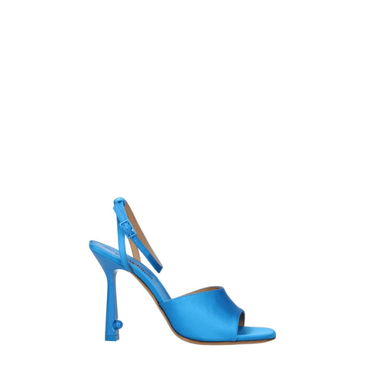 Off-White Blue Satin Stiletto Heel Sandals with open toe, buckle closure, and leather sole, featuring high heel design.