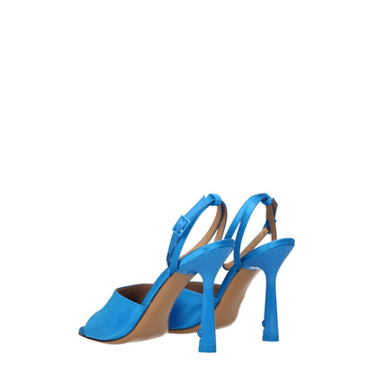 Off-White Blue Satin Stiletto Heel Sandals with buckle closure, open toe, and high leather sole, featuring 10.5 cm heels.