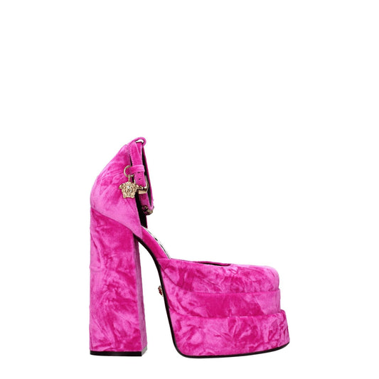 Versace Pink Velvet Platform Sandals with high heel, rhinestone front detail, and buckle closure. Square toe and gold accents.