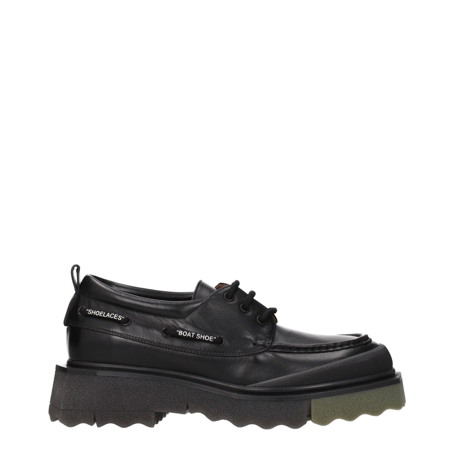 Off-White Black Leather Slip-On Loafers with mid heels and vintage effect, featuring rubber sole, lace-up closure, and military green details.