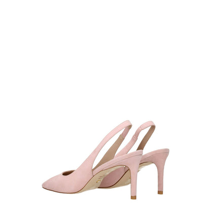 Stuart Weitzman Pink Leather Mid Heel Pumps with pointy toe and suede finish, featuring a comfortable 7.5 cm heel height.