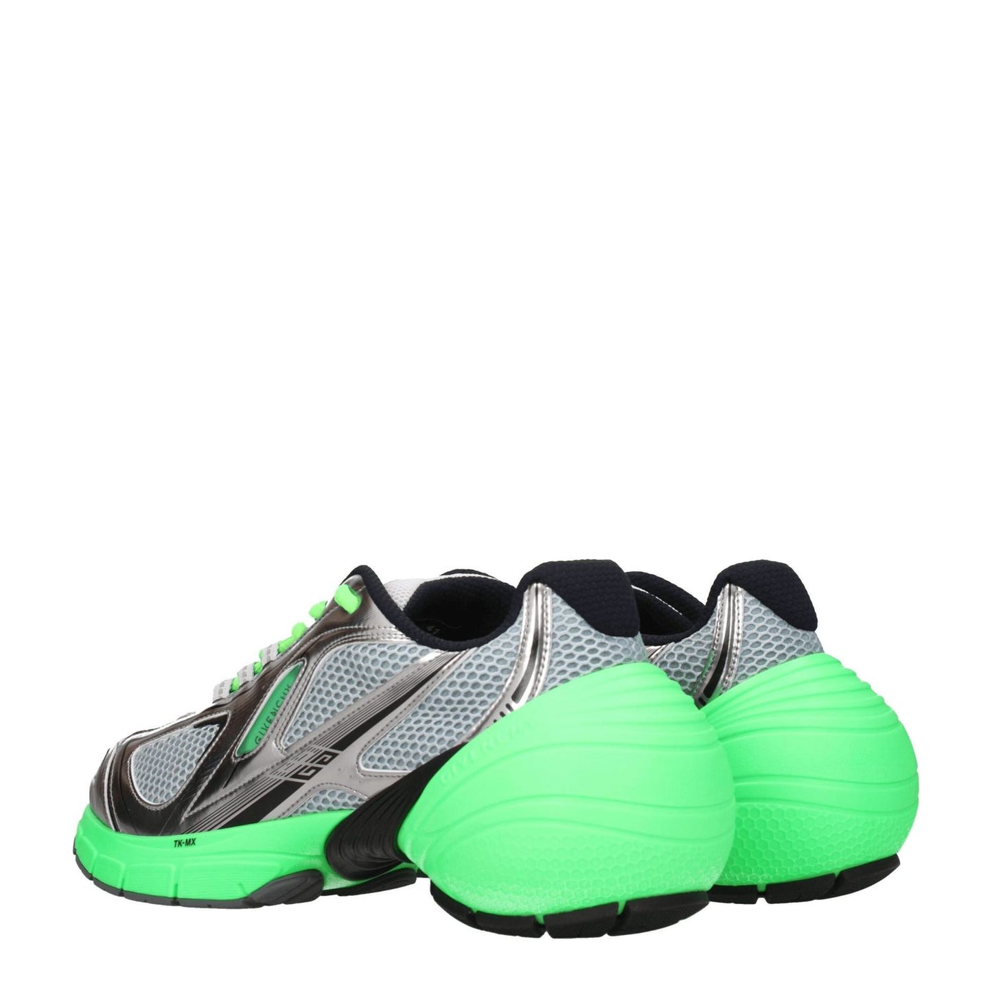Back view of Givenchy Gray Fabric Athletic Sneakers with green rubber soles, featuring a silver fabric design and logo details.