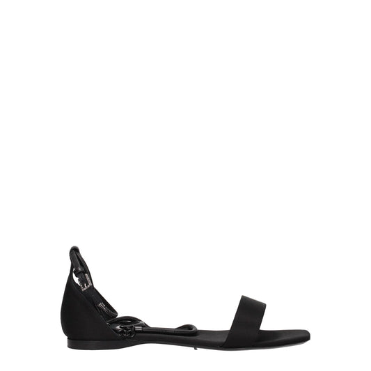 Max Mara Black Satin Flat Sandals with buckle closure and leather sole, open toe design, low flat heel, casual style.