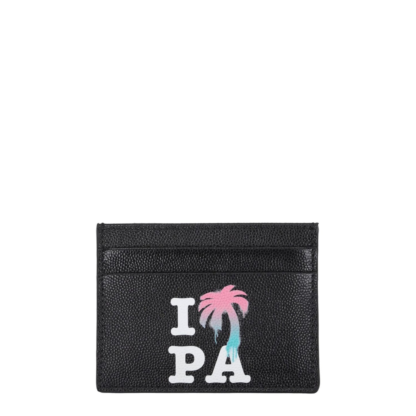 Palm Angels Black Leather Cardholder with front logo and five card slots, made from premium leather, measuring 8×10.5 cm, stylish street accessory.