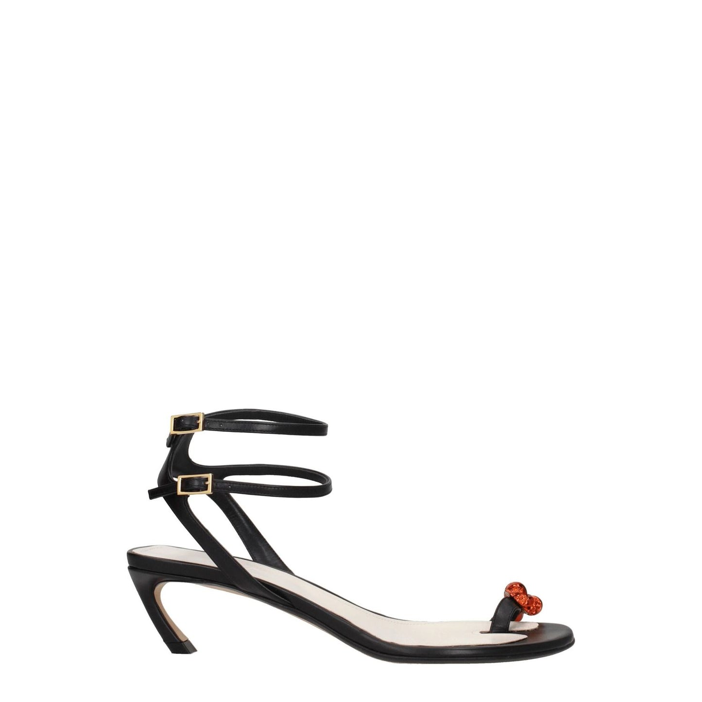 Lanvin Black Leather Stiletto Heel Sandals with rhinestone detail, open toe, black leather, buckle closure, 6cm mid heels.