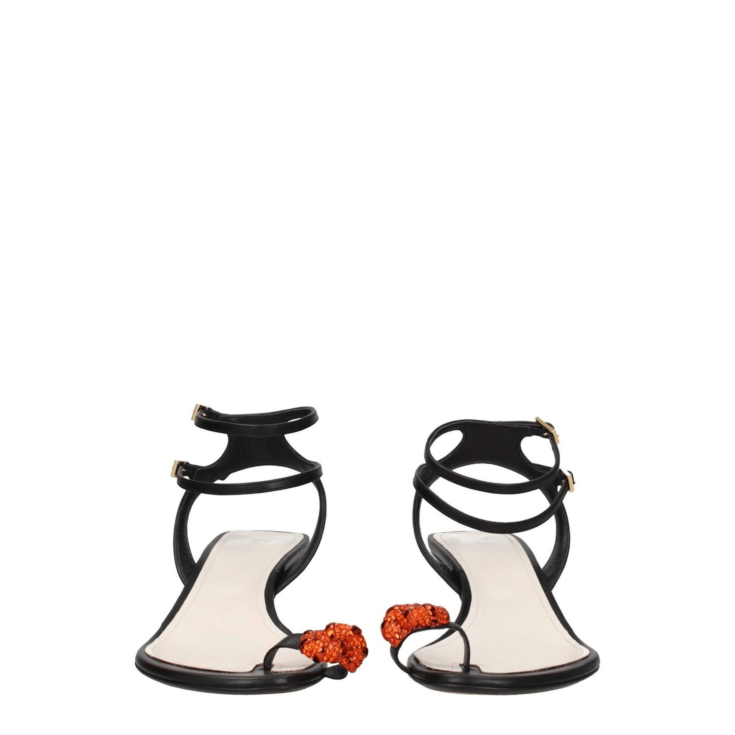 Lanvin Black Leather Stiletto Heel Sandals with front rhinestone detail, open toe and buckle closure, mid heels - 6 cm.