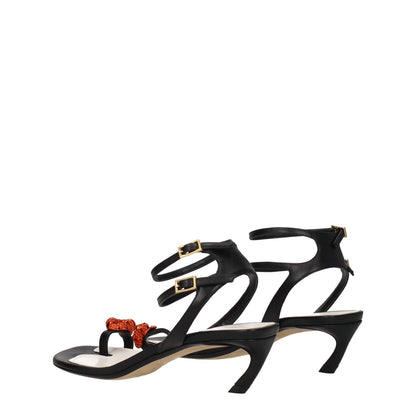 Lanvin Black Leather Stiletto Heel Sandals with rhinestone front detail and buckle closure, 6 cm open toe mid heels.