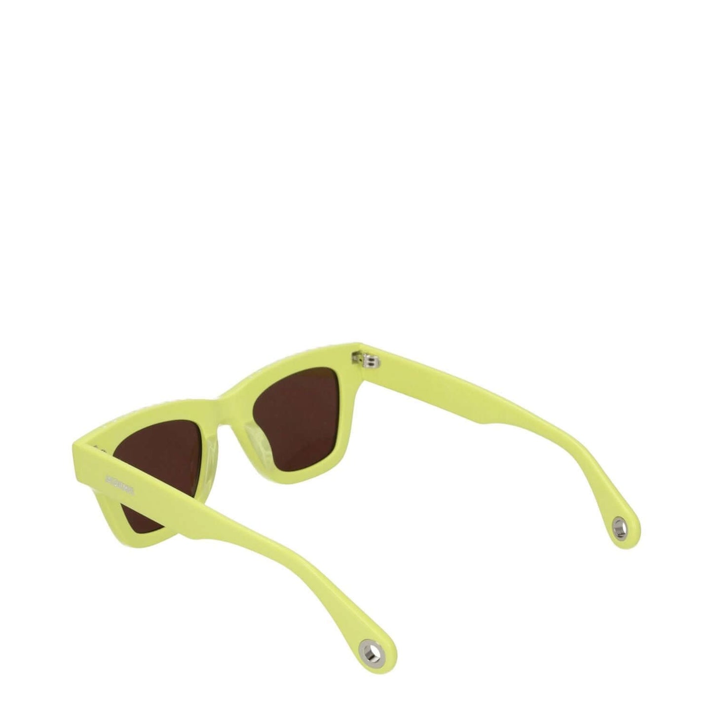 Jacquemus Yellow Acetate Sunglasses with dark lenses, aviator style, logo design, and protective case included.