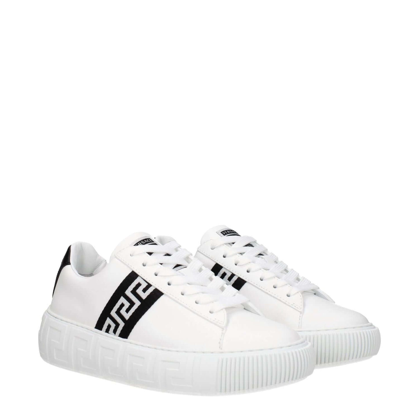 Versace White Leather Low Top Sneakers with black accents, lace-up closure, round toe, rubber sole, casual style, SKU: 10041841A007752W020.