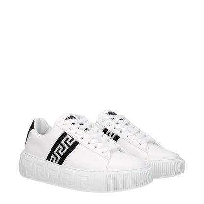 Versace White Leather Low Top Sneakers with black accents, lace-up closure, round toe, rubber sole, casual style, SKU: 10041841A007752W020.