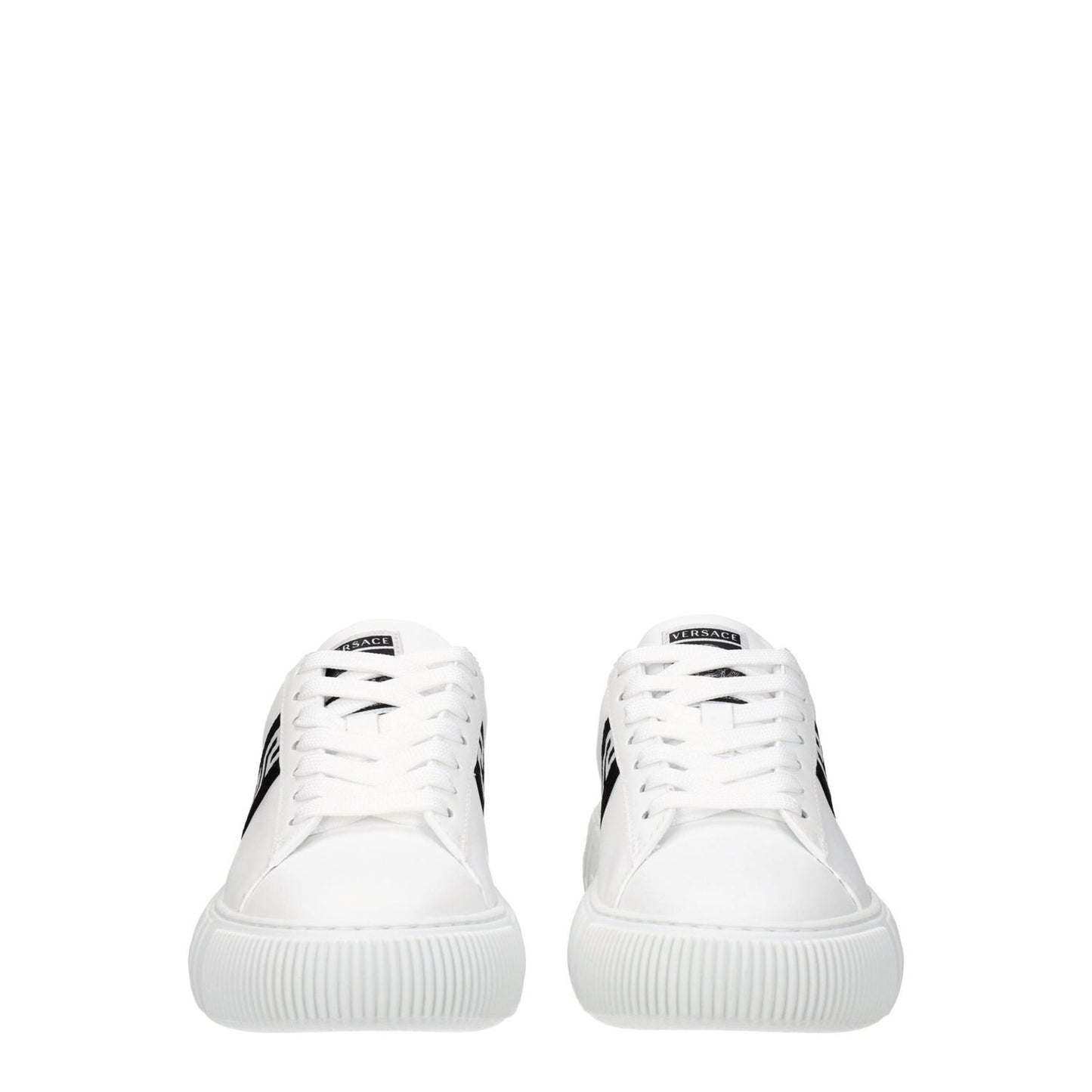 Versace White Leather Low Top Sneakers with front logo, lace-up closure, and rubber sole. Casual style with black accents and round toe design.