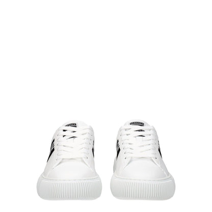 Versace White Leather Low Top Sneakers with front logo, lace-up closure, and rubber sole. Casual style with black accents and round toe design.