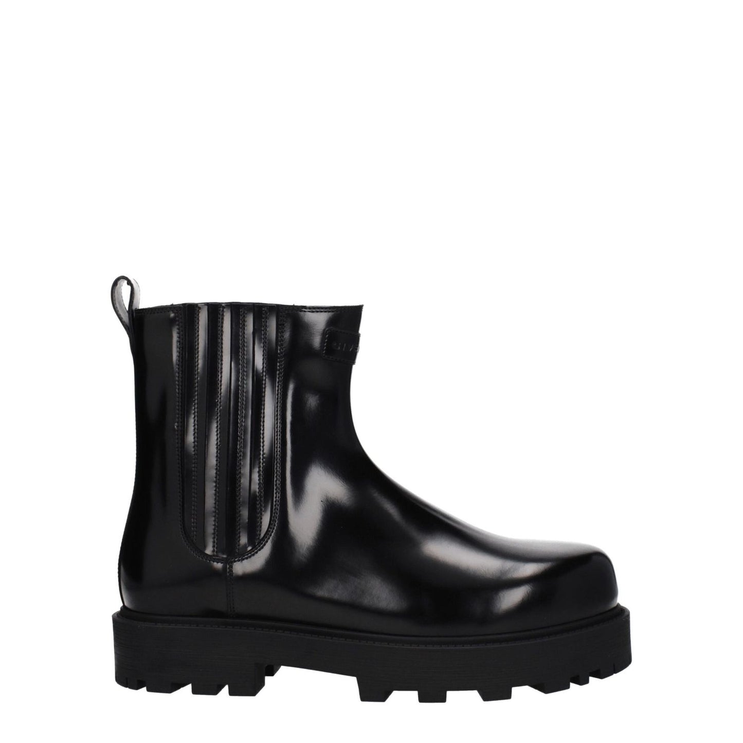 Givenchy Black Leather Ankle Boots with logo detailing, rubber sole, mid heel height, and round toe design in black leather.